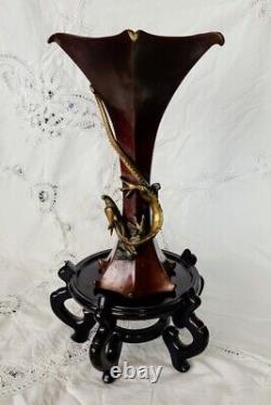 JAPANESE Meiji Era Rare Original Dark Patina Finish Bronze Dragon Vase Old, Fine