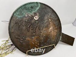 Japanese Antique Bronze Hand Mirror Tekami Meiji-Taisho Era Signed 10.5 D 14.5L