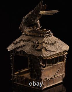 Japanese Antique Eagle & Snake on Hut Bronze Incense Burner Meiji Period