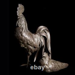 Japanese Antique Rooster and Hen Pair Bronze Sculpture Meiji Period