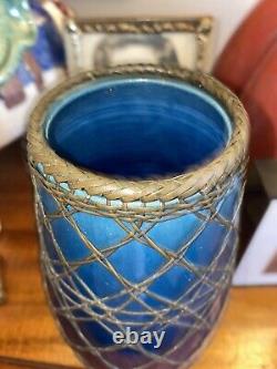 Japanese Awaji Meiji Wire Bronze Basket Weave Pottery Vase 1890-1922