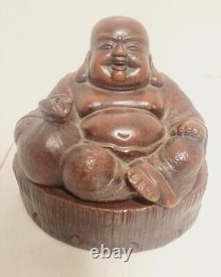 Japanese Meiji Bizen Ware Hotei Lucky God Wealth Statue Figurine-Buddha-Signed