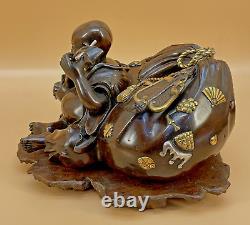 Japanese Meiji Bronze Mix-Metal Okimono / Box Buddha witha Bag
