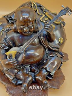 Japanese Meiji Bronze Mix-Metal Okimono / Box Buddha witha Bag