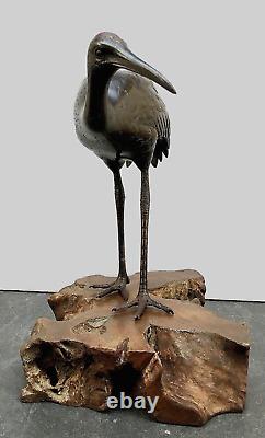 Japanese Meiji Bronze Okimono Crane on a wooden base