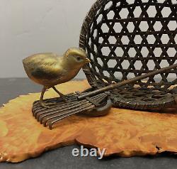 Japanese Meiji Bronze, Shakudo & Gold Okimono with birds