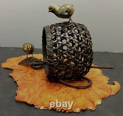 Japanese Meiji Bronze, Shakudo & Gold Okimono with birds