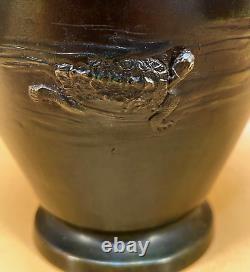 Japanese Meiji Bronze Vase With Sculptural Turtles, Fish & Crab, Signed