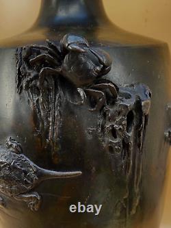 Japanese Meiji Bronze Vase With Sculptural Turtles, Fish & Crab, Signed