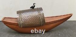 Japanese Meiji Copper & Bronze Okimono Incense Burner Boat with Silver Bird