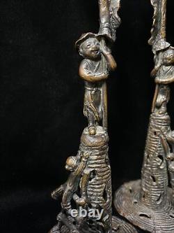 Japanese Meiji Era Bronze Figural Candlesticks Karako Climbing a Ladder