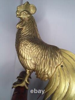 Japanese Meiji Gilt Bronze Rooster Okimono on Stand