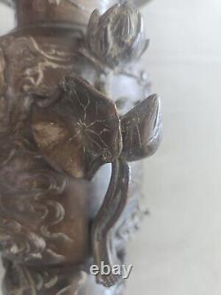 Japanese Meiji Period Bronze Vase Tennin Women Lotus Flower Phoenix Bird Antique