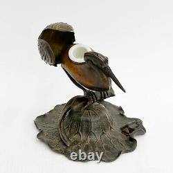 Japanese Patinated Bronze Crane or Heron Form Inkstand Meiji Period
