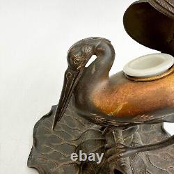 Japanese Patinated Bronze Crane or Heron Form Inkstand Meiji Period