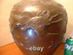 Large 14 Antique Japanese Meiji Period Bronze Vase with Ornate Crane Motifs