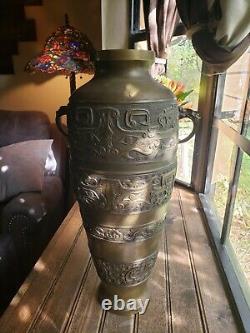 Large 18.5 Antique DRAGONS Japanese Vase, Meiji Period HEAVY BRASS BRONZE