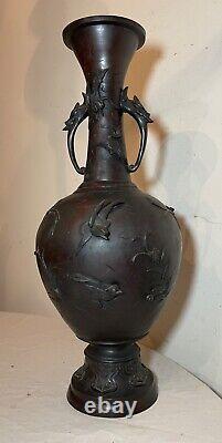 Large Antique 19th century Japanese Late Meiji Period Bronze figural Vase urn
