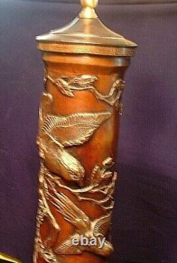 Large Antique Japanese Meiji Period Bronze Vase Lamp With Bird Ornate Motifs