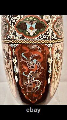 Large Antique Japanese Meiji bronze cloisonné enamel dragon phoenix vase