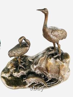 Meiji Bronze Pair Crane Turtle tortoise statue sculpture antique Okimono 10