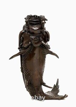 Meiji Japanese Bronze Koi Fish Dragon Head Incense Burner Censer Koro 981 Gram