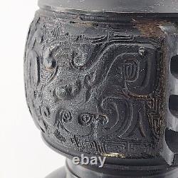 Meiji Japanese Dark Bronze Candle Holder Pair 20 Tall