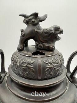 Meiji Period 1800s Japanese Bronze Antique Incense Burner w Foo Dog 11.5 Tall