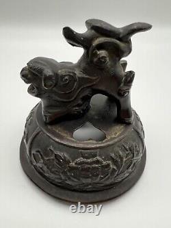 Meiji Period 1800s Japanese Bronze Antique Incense Burner w Foo Dog 11.5 Tall