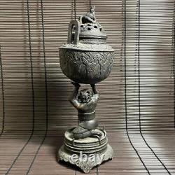 ONI DEMON OGRE DRAGON Bronze Statue Incense Burner 12.9 inch MEIJI Japan Antique