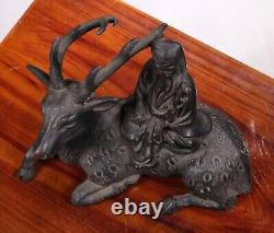 Old Japanese Bronze Taoism's God On Deer Statue 6.3inch Lucky Item Meiji Era