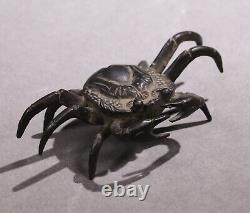 Old Japanese Handmade Bronze Crab Statue 1.3inch Lucky Item Meiji Era