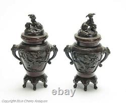 Pair Antique Japanese Meiji Period Patinated Cast Bronze Koro with Foo Dogs
