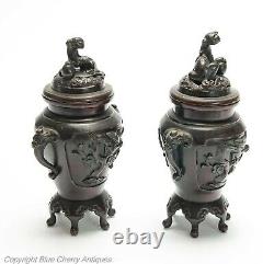 Pair Antique Japanese Meiji Period Patinated Cast Bronze Koro with Foo Dogs