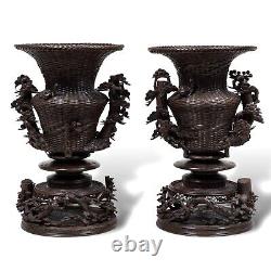 Pair Large Meiji Japanese Bronze Vases