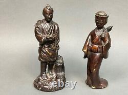 Pr. Antique Japanese Meiji Bronze Statue Sculpture of Woman Geisha Pair Farmer