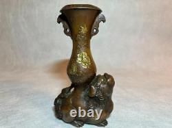 SHISHI LION Bronze Statue VASE 6.1 in Japanese Antique MEIJI Era Metal Fine Art