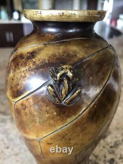 Stunning 9.5 Japanese Meiji Period c. 1900 Bronze Vase Lotus Leaf & Frog Design