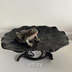 Vintage Japanese Bronze Lily Pad Garden Vessel Bowl Vase With Frogs 12x9.5x4