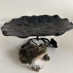 Vintage Japanese Bronze Lily Pad Garden Vessel Bowl Vase With Frogs 12x9.5x4