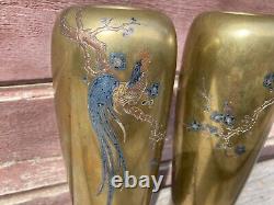 Vtg Bronze Mixed Metal Japanese Long Tailed Rooster Vases Meiji Signed & Marked