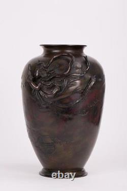 Belle urne en bronze japonaise Meiji du XIXe siècle avec un héron