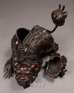 Brûleur d'encens en bronze antique japonais avec sculpture d'art de lions Shishi de l'ère Meiji du 19ème siècle