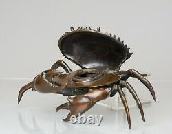 Encrier en bronze antique Meiji Okimono d'un crabe Japon du 19ème siècle, japonais