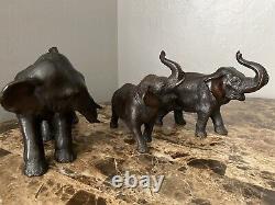 Ensemble de 3 sculptures de statue en bronze antique d'éléphants japonais signées Japon Meiji