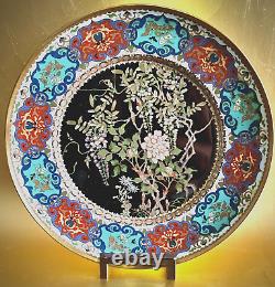 'Fine Antique Japanese Meiji Cloisonné Émail Wisteria Floral Bronze Plate 12' translates to 'Belle antique japonaise Meiji Cloisonné Émail Wisteria Floral Bronze Plate 12' in French.