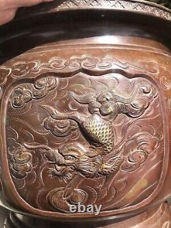 Fumiki Japonais Bronze Hibachi Braise, Période Meiji, Signé C. 1880