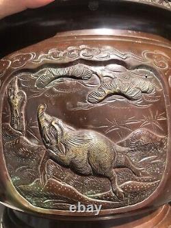 Fumiki Japonais Bronze Hibachi Braise, Période Meiji, Signé C. 1880