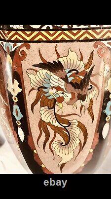 Grand vase en bronze cloisonné émaillé de dragon et de phénix japonais de l'époque Meiji