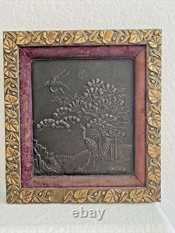 Plaque de bronze japonaise antique peinte sur carrelage, période Meiji, rare grue impériale